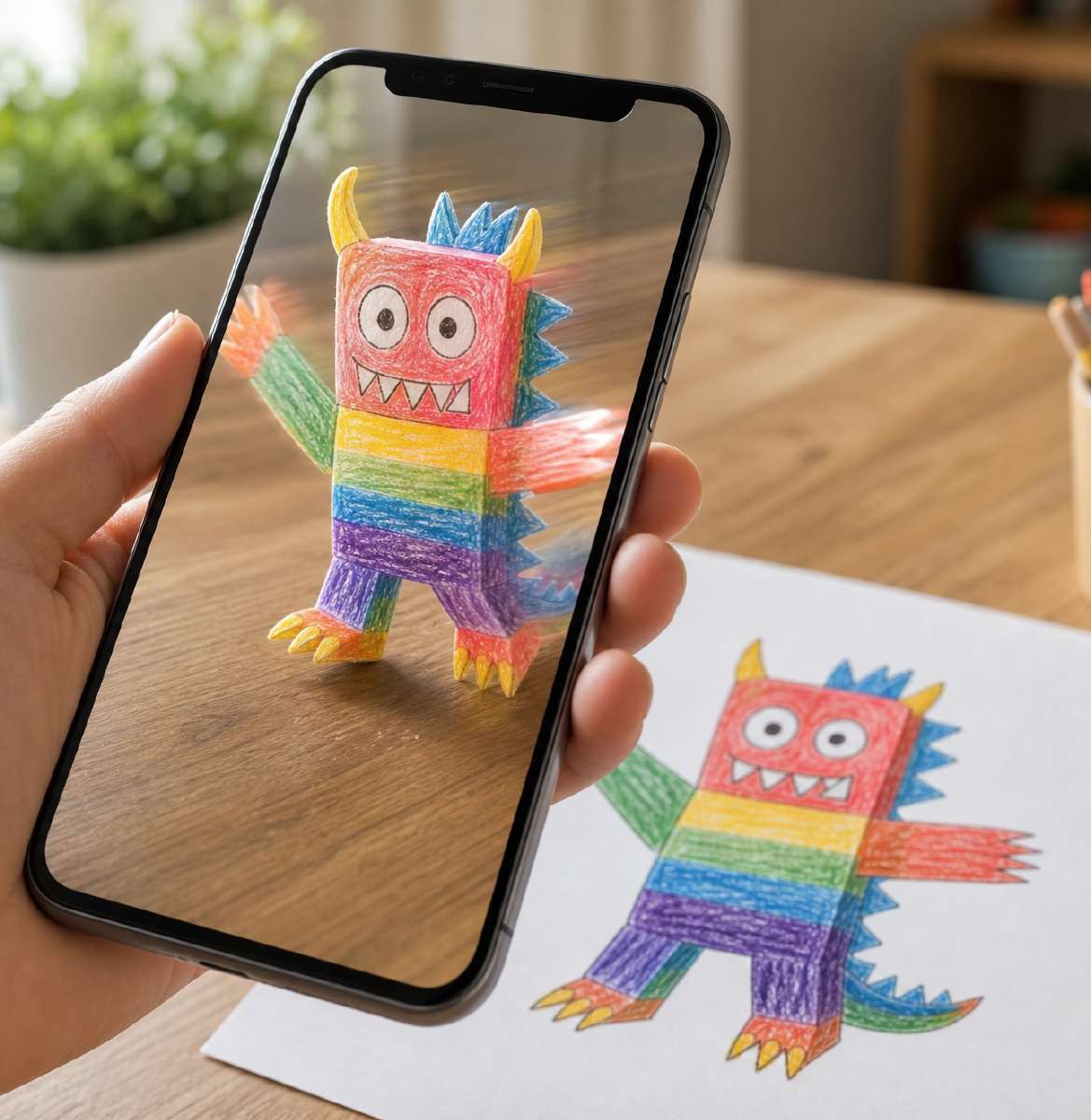 描いたカラフルなキャラクターがスマートフォンの画面に現れる体験イメージ