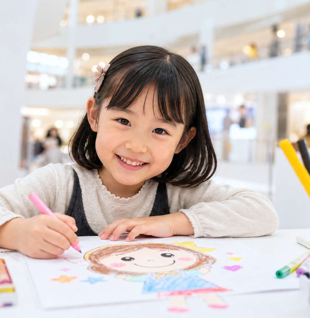 色鉛筆で自分だけの絵を描く子ども。サービス紹介資料のイメージ写真。